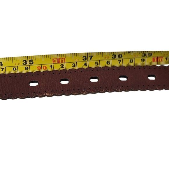 Vintage Fossil Womens Brown Leather Belt L Scalloped Perforated Brass Buckle - Picture 7 of 15